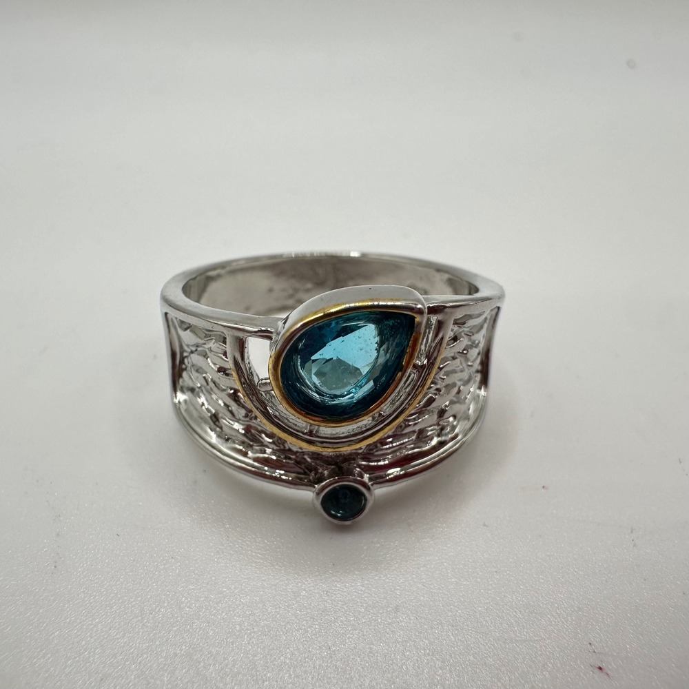 925 Sterling Silver Blue Topaz Pear Cut Wide Hammered Band Ring Mixed Metal Sz10